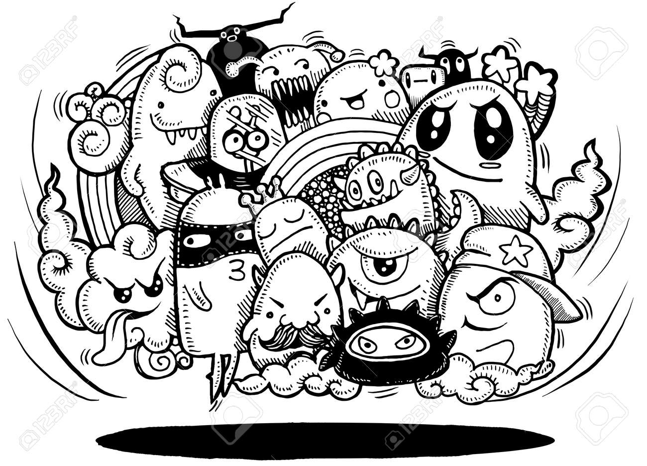 angry cartoon monster hand drawn crazy doodle monster group