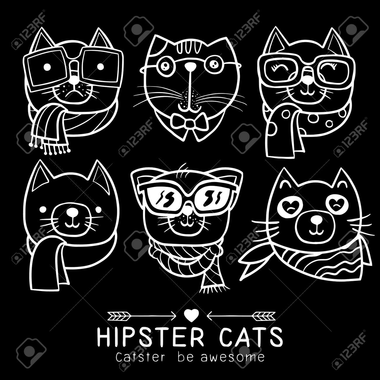 スタイリッシュな猫のかわいい猫イラスト シリーズ 猫ヒップスター 手描きの動物イラスト 肖像画のセット グリーティング カードのデザイン 印刷 インスピレーション ポスター ベクトル トレンディーな流行に敏感なスタイル のイラスト素材 ベクタ Image