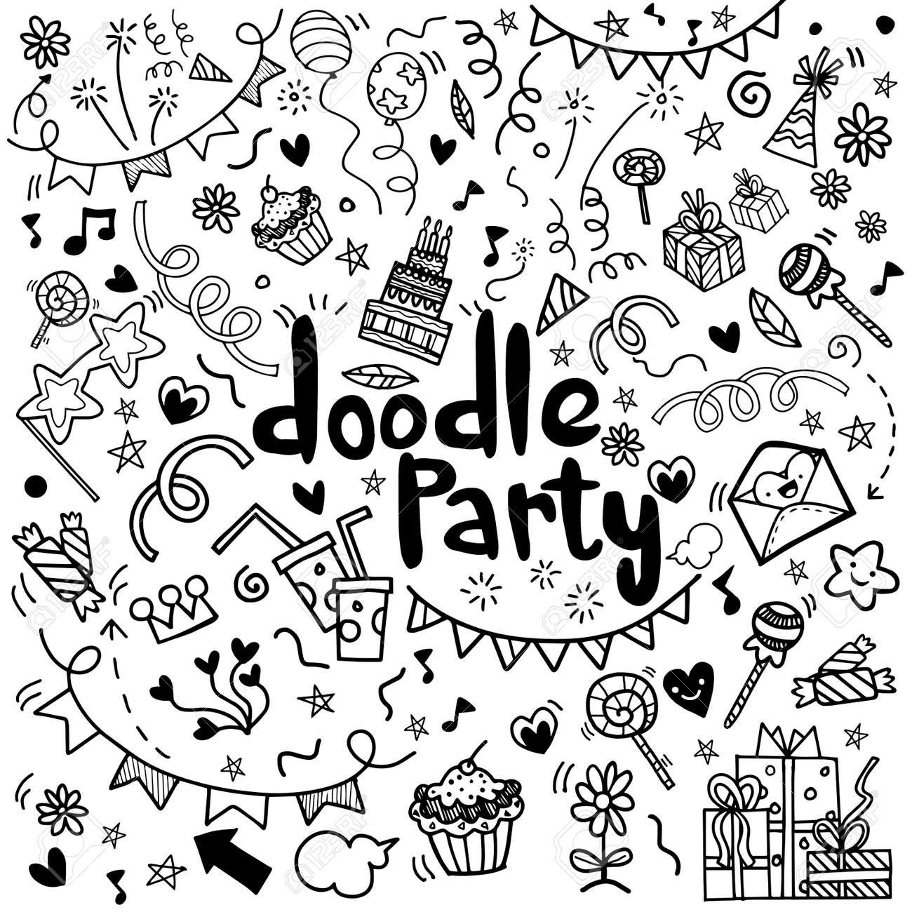 Monochrome doodle party objects in hand drawn style