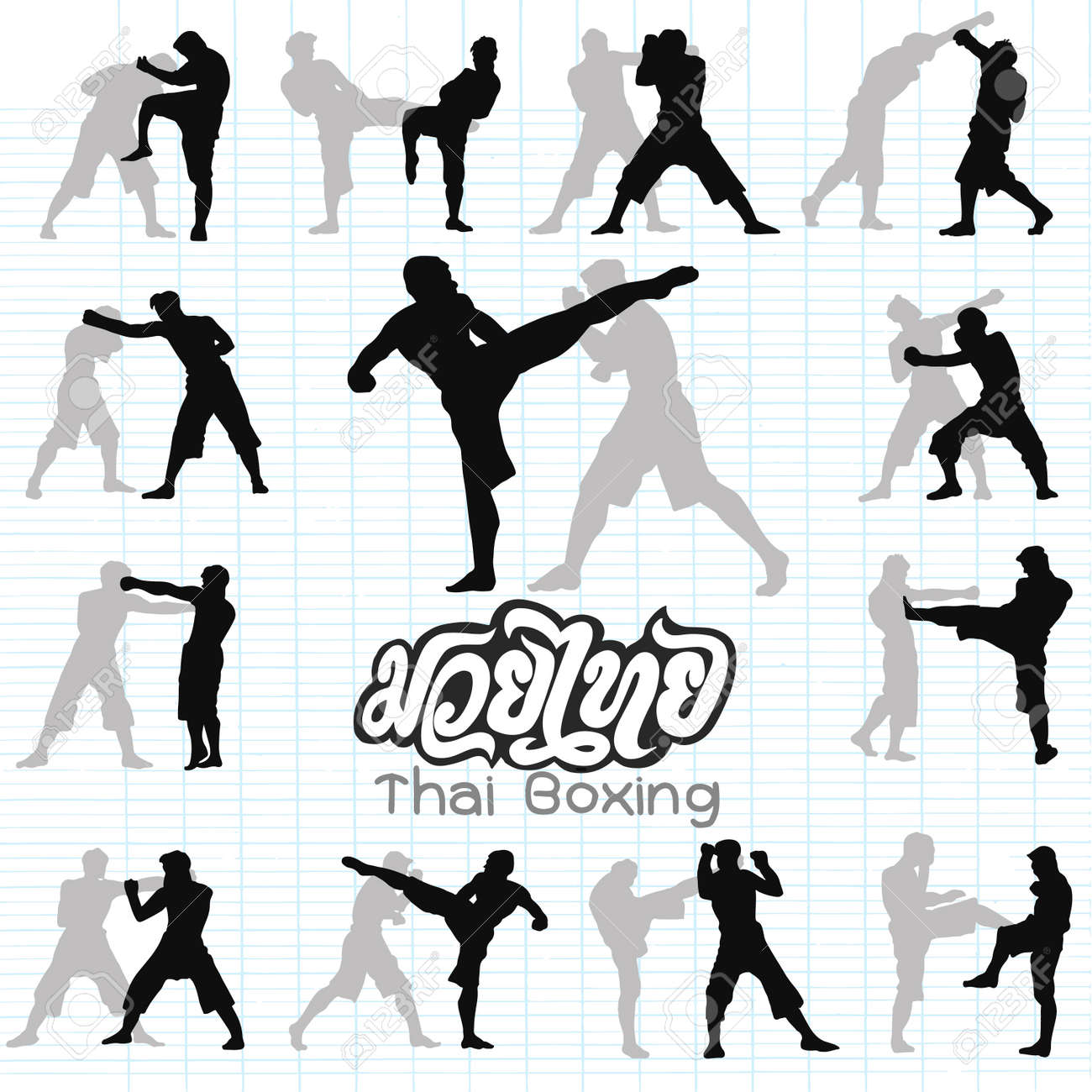 タイのボクシング ムエタイ タイ武術ベクトル イラスト コレクション ムエタイ タイ タイのボクシングで人気のあるスタイル テキスト フォント グラフィック ベクトル ムエタイの美しいベクター ジムやその他のロゴのイラスト素材 ベクタ Image
