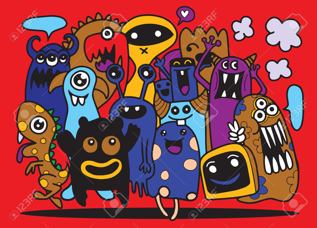 かわいいモンスターセット 手描きキュートな落書きモンスターグループ フラットデザインベクトルイラスト 落書きスタイルのイラスト素材 ベクタ Image かわいいモンスターセット 手描きキュートな落書きモンスターグループ フラットデザインベクトルイラスト 落書きスタイルのイラスト素材 ベクタ Image