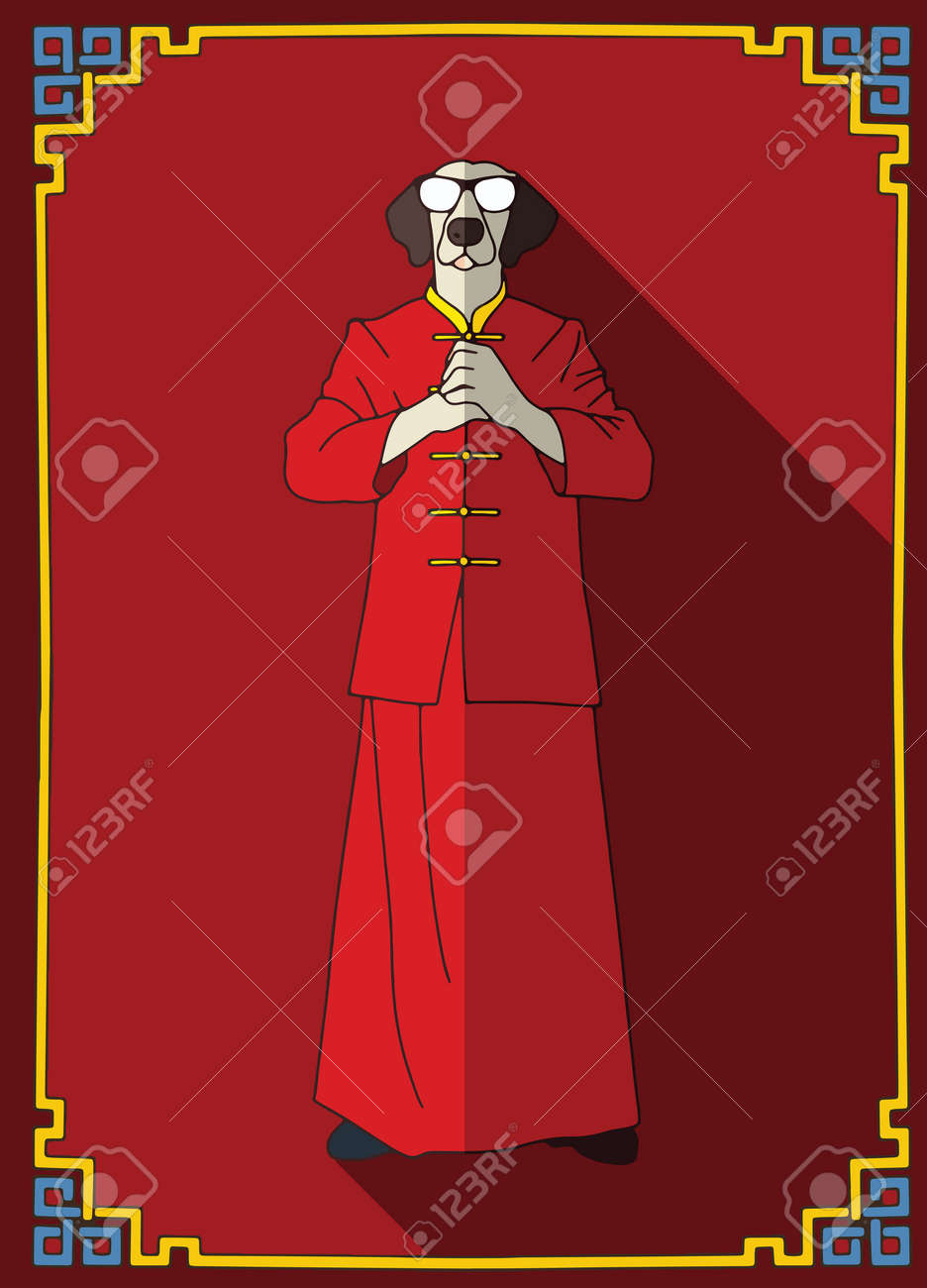 中国おめでとう 幸せな新しい Year Vector 図の民族衣装で犬のマスクをかぶった男のイラスト素材 ベクタ Image