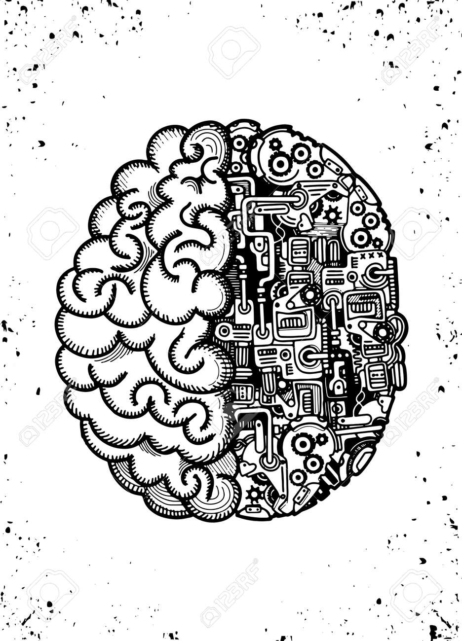 手描画ベクトル図のマシンを用いたひと脳自動計算エンジン機器の詳細な複合脳 のイラスト素材 ベクタ Image