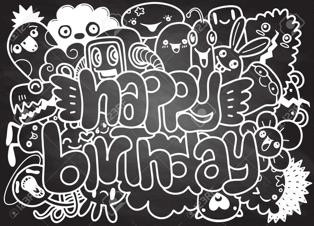誕生日パーティーの手描きの落書き要素の背景 手書きのレタリング 誕生日おめでとうグリーティングカード あなたのデザインのためのモンスター落書きのイラスト素材 ベクタ Image