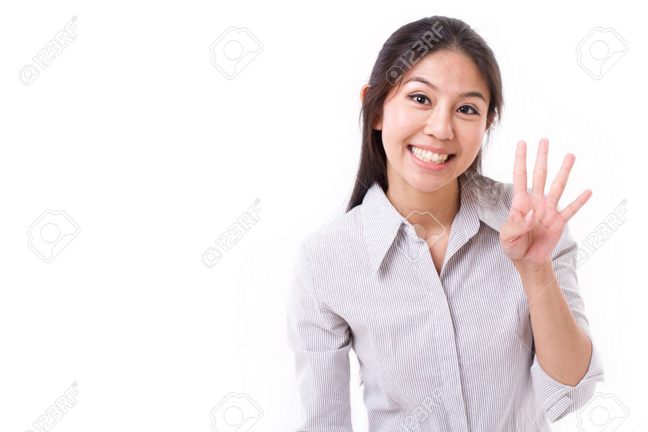 幸せな女: 表示中の 4 本の指ジェスチャーの写真素材・画像素材 Image 43489209