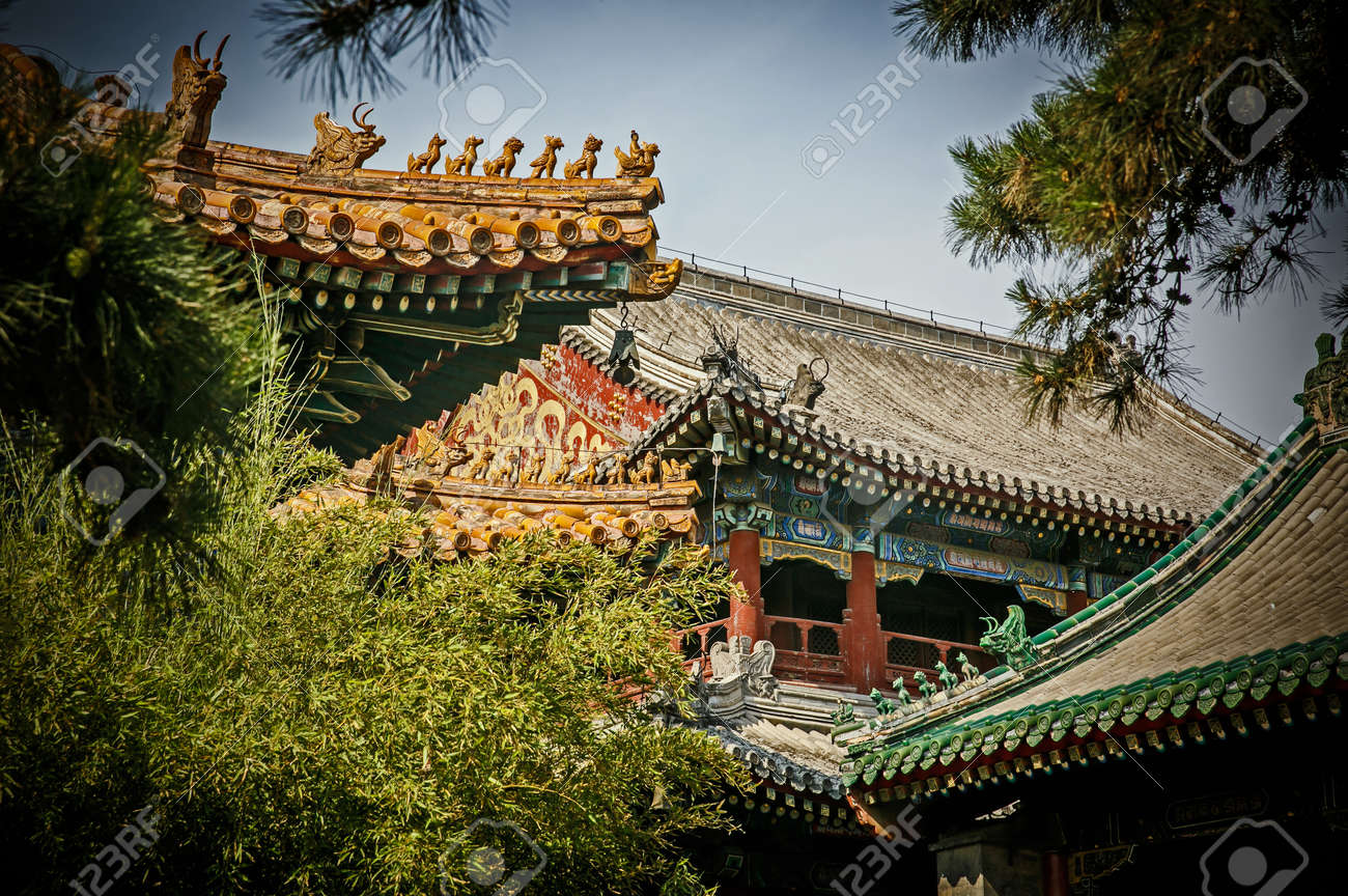 traditional chinese architectural roof with animals immortal