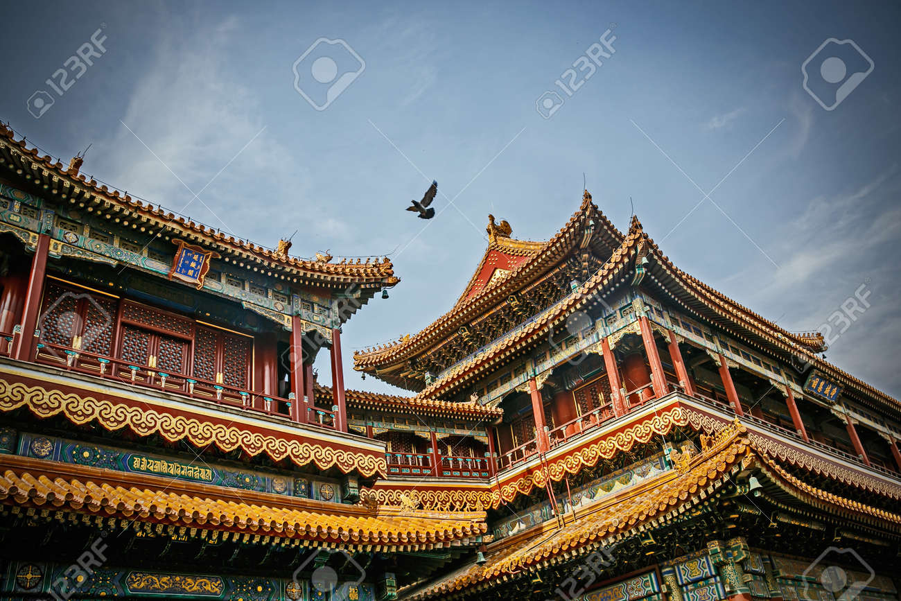 traditional chinese architectural roof with animals immortal