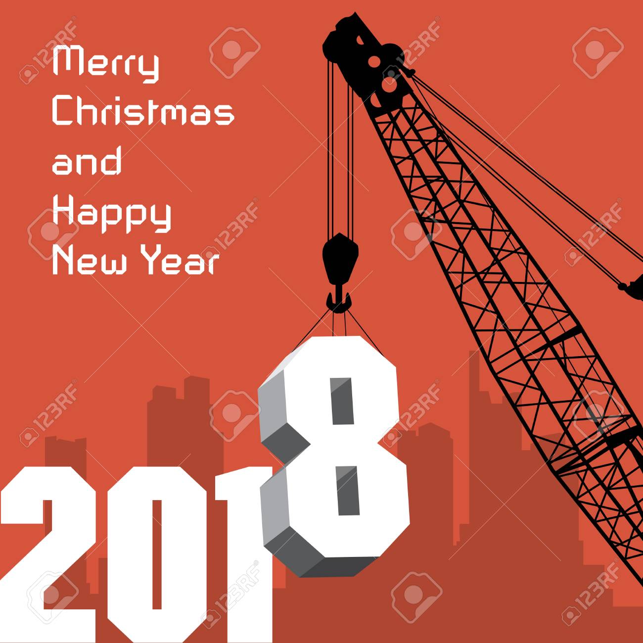 幸せな新年のグリーティング カード ベクトル イラスト作業中のクレーンのイラスト素材 ベクタ Image