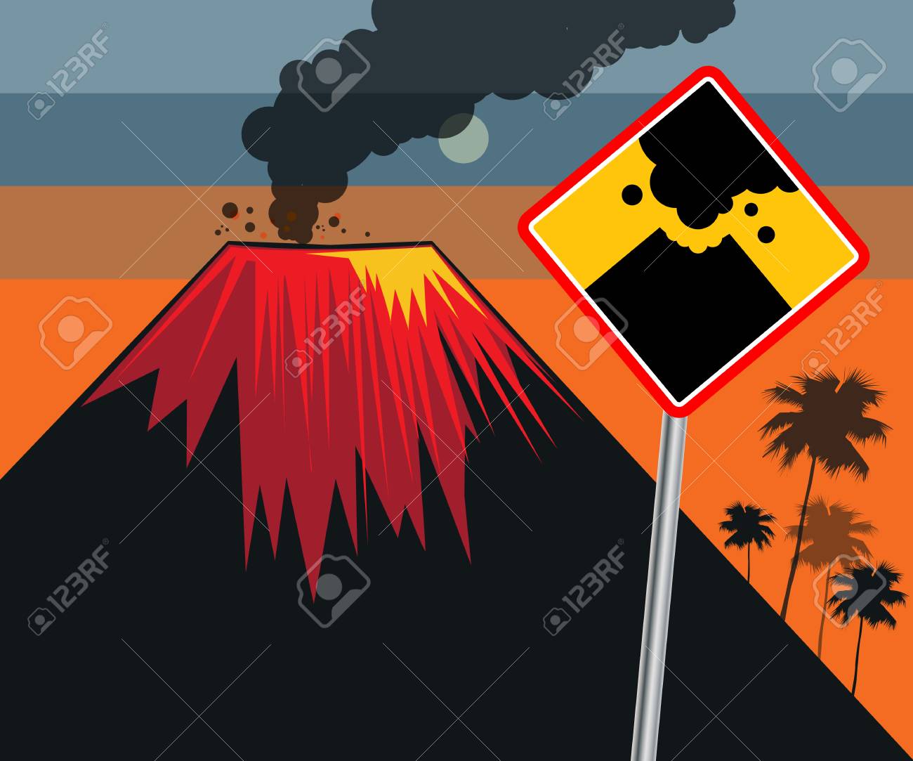 道路標識を用いた火山噴火のフラットなデザイン のイラスト素材 ベクタ Image