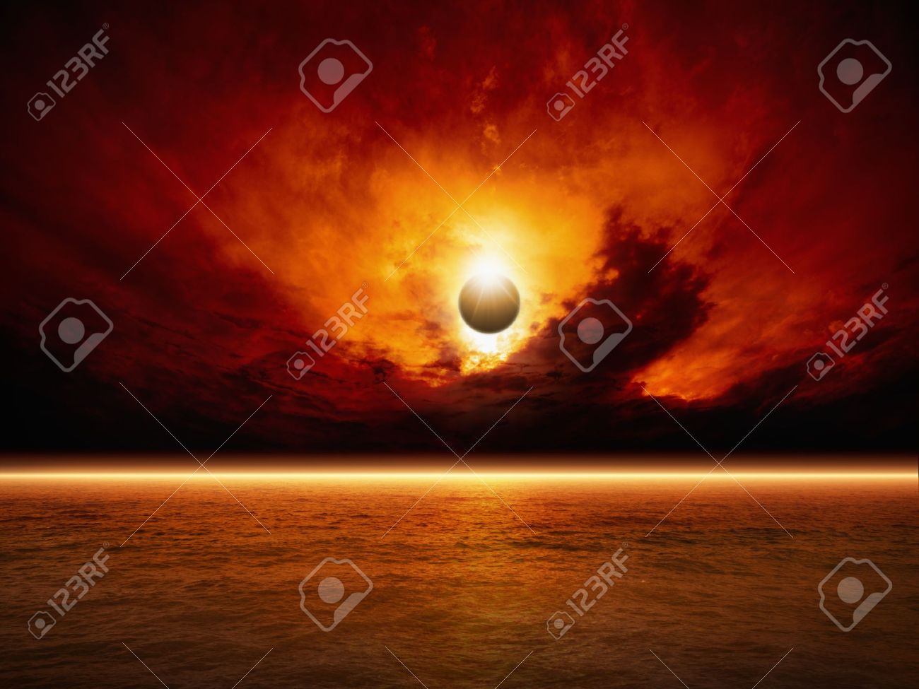 Dramatic apocalyptic background - sun eclipse, red sunset, dark sky, red sea, glowing horizon - 20334532 Dramatic apocalyptic background - sun eclipse, red sunset, dark sky, red sea, glowing horizon - 20334532