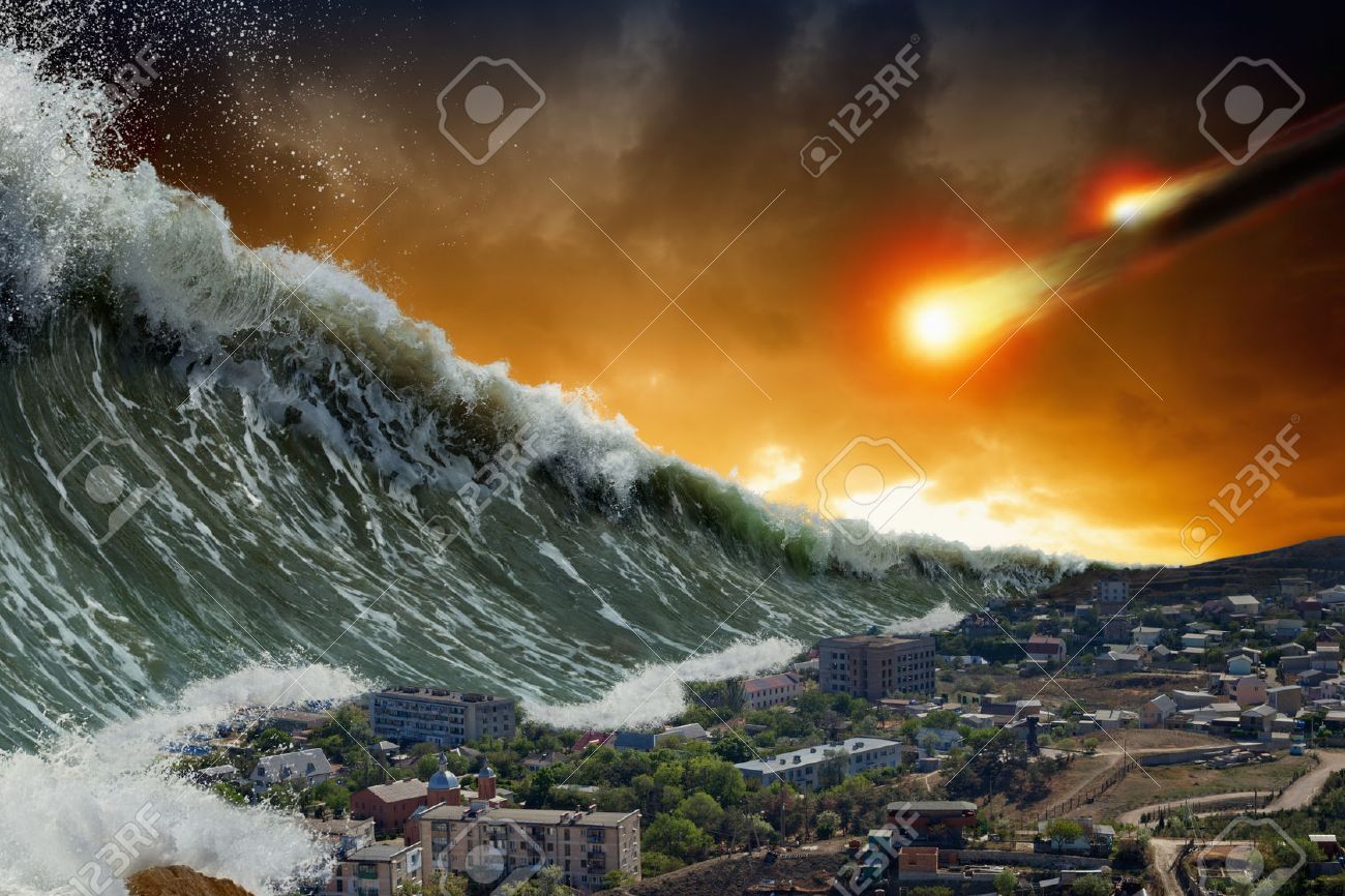 apocalyptic dramatic background giant tsunami waves crashing