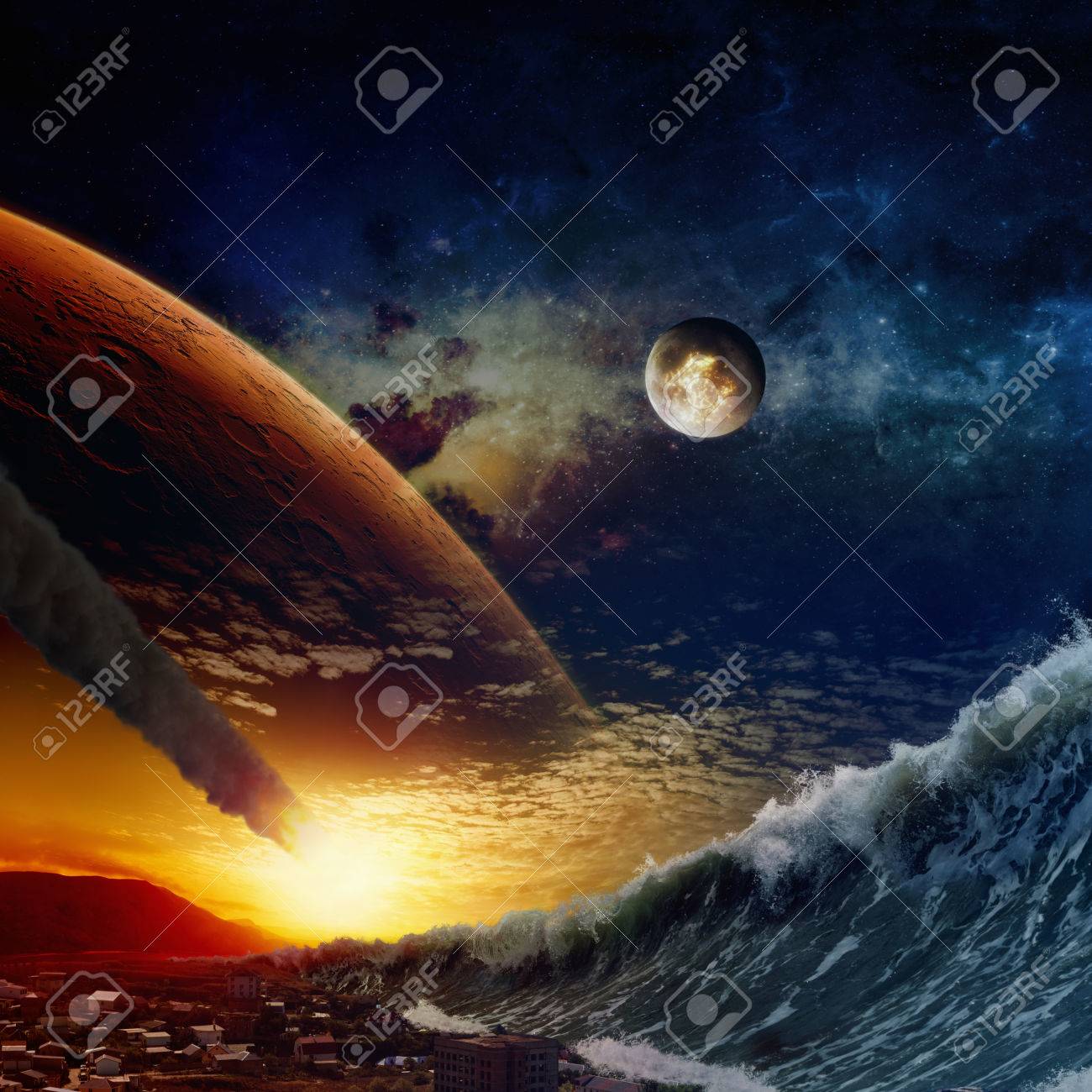 apocalyptic dramatic background giant tsunami waves crashing