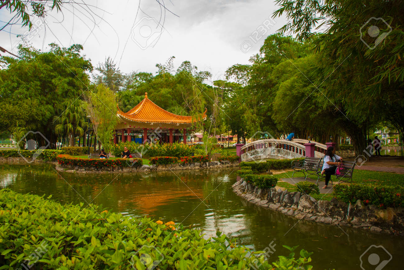 The Bridge And The Chinese Pavilion Miri City Fan Park Borneo Sarawak Malaysia Stock Photo Picture And Royalty Free Image Image 84576722