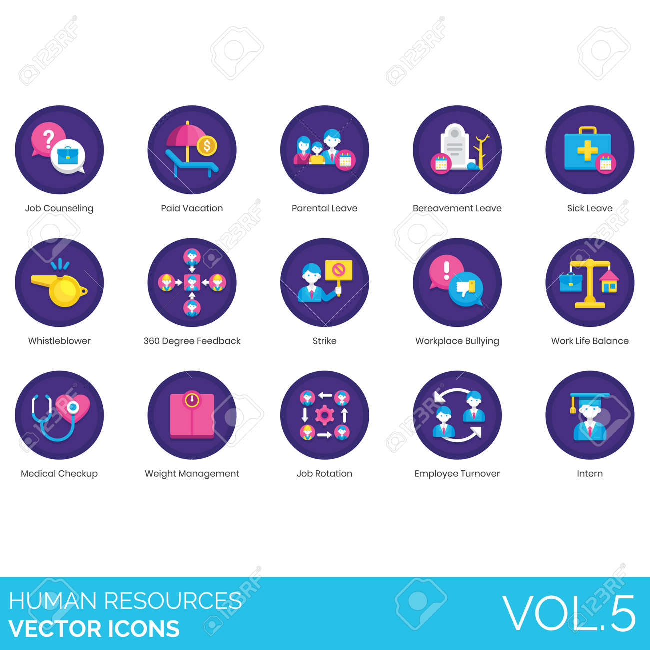 상담, 유급 휴가, 육아 휴가, 사별, 병가, 내부 고발자, 360도 피드백, 파업, 직장 괴롭힘, 직장 생활 균형, 건강 검진, 체중  관리, 직무 순환, 직원 이직, 인턴을 포함한 인적 자원 아이콘. 로열티 무료