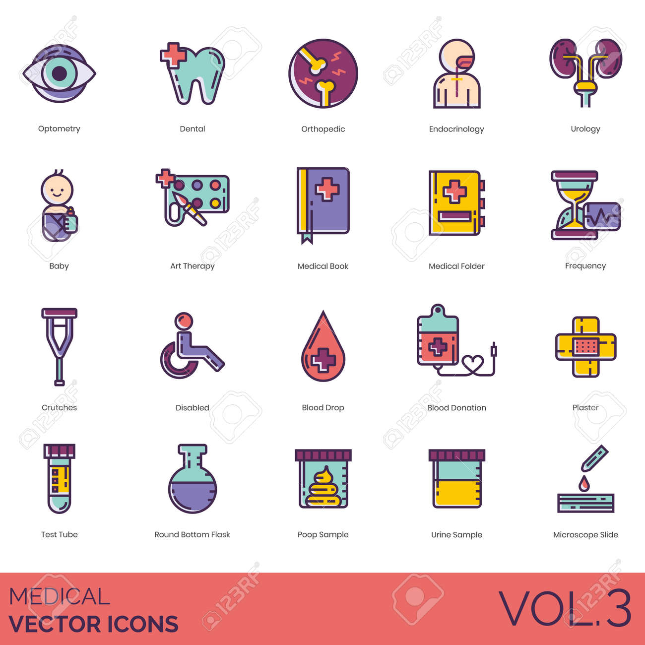 검안, 치과, 정형외과, 내분비학, 비뇨기과, 아기, 미술 치료, 책, 폴더, 주파수, 목발, 장애인, 혈액 방울, 기부, 석고,  시험관, 둥근 바닥 플라스크, 똥 샘플, 소변, 현미경 슬라이드를 포함한 의료 아이콘. 로열티 무료 사진,