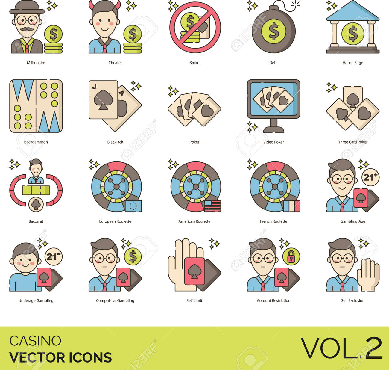 백만장자, 사기꾼, 파산, 부채, 하우스 에지, 주사위 놀이, 블랙잭, 비디오 포커, 세 카드, 바카라, 유럽식 룰렛, 미국식,  프랑스식, 도박 연령, 미성년자, 강박, 자기 제한, 계정 제한, 제외를 포함한 카지노 아이콘. 로열티 무료