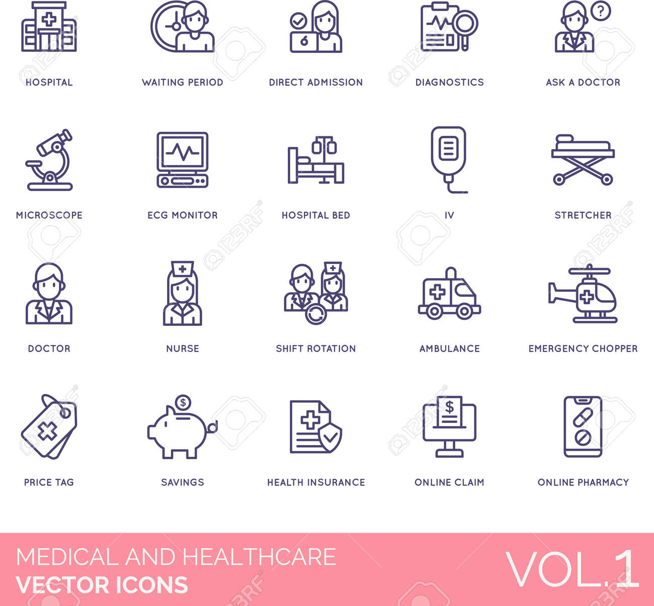 Medical and healthcare icons including hospital, waiting period, direct admission, diagnostics, ask a doctor, microscope, ECG monitor, bed, IV, stretcher, nurse, shift rotation, ambulance, emergency chopper, price tag, savings, health insurance, online claim, pharmacy. - 145615184 Medical and healthcare icons including hospital, waiting period, direct admission, diagnostics, ask a doctor, microscope, ECG monitor, bed, IV, stretcher, nurse, shift rotation, ambulance, emergency chopper, price tag, savings, health insurance, online claim, pharmacy. - 145615184