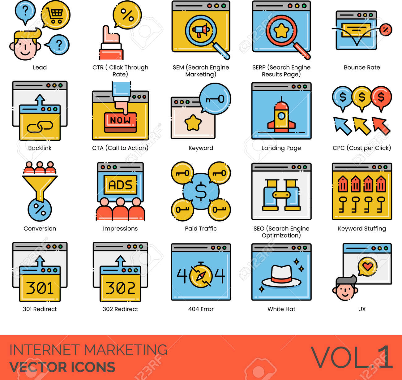 인터넷 마케팅 전략, Seo, Sem, Ux, 랜딩 페이지의 벡터 아이콘 로열티 무료 사진, 그림, 이미지 그리고 스톡포토그래피.  Image 149381267