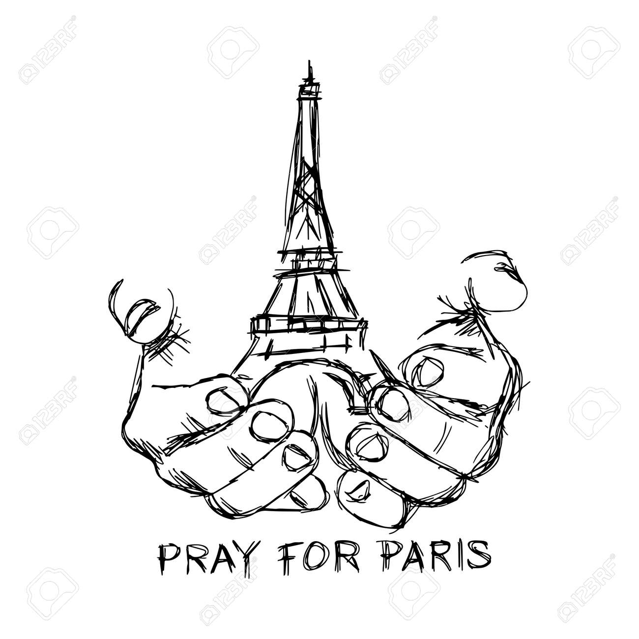 イラスト落書き祈るパリのエッフェル塔 スケッチ手の描かれた手 のイラスト素材 ベクタ Image