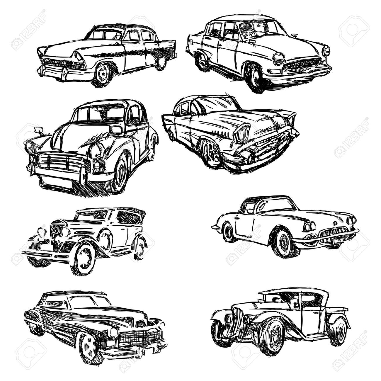 Illustration Doodle Hand Drawn Of Sketch Set Old Car Isolated