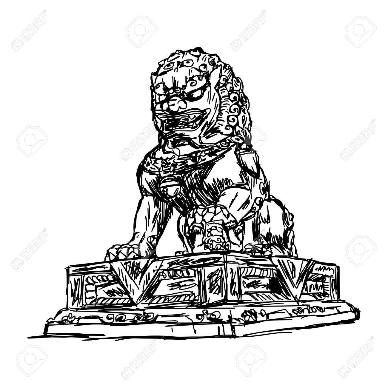 Illustration Vector Doodle Hand Drawn Of Sketch Big Bronze Lion In Forbidden City China