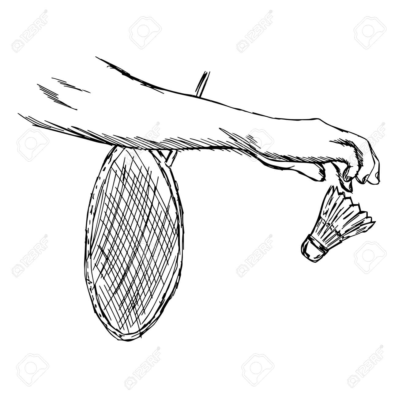 図ベクトル バドミントンは 白い背景で隔離のスポーツマンのクローズ アップ手の落書きは手描きのスケッチ のイラスト素材 ベクタ Image