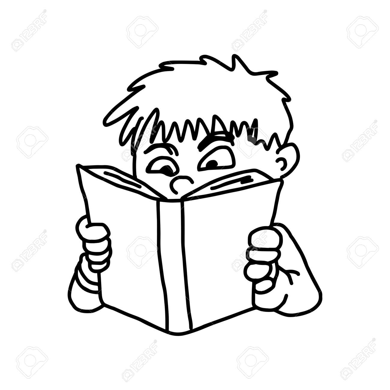 クローズ アップ ホワイト バック グラウンドに分離された読書 ベクトル イラスト スケッチ手描きの小さな男の子のイラスト素材 ベクタ Image