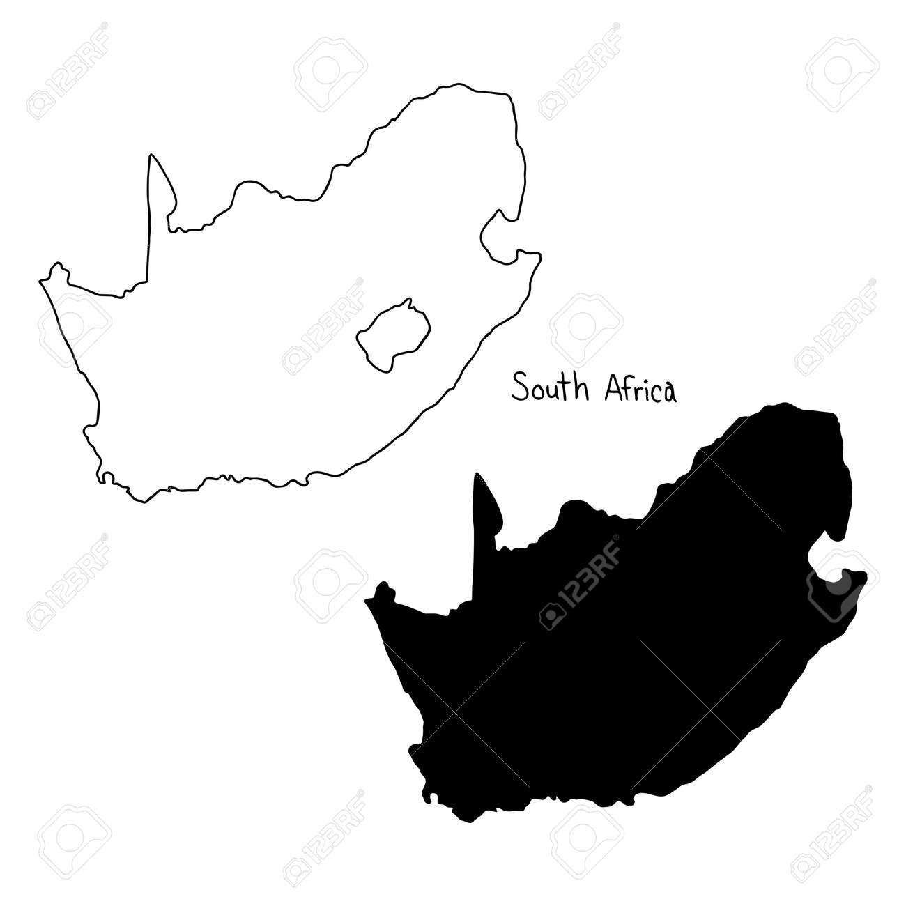 outline and silhouette map of south africa vector illustration hand drawn with black lines