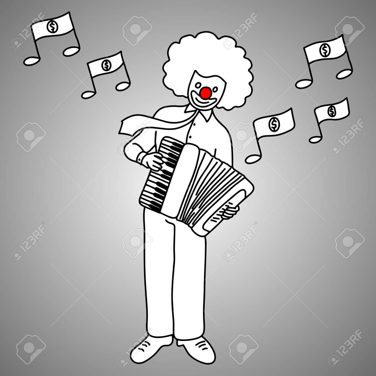 ピアノアコーディオンイラストを演奏ジョーカーフェイスを持つビジネスマンミュージシャン 灰色の背景に黒い線を持つ落書きスケッチ ビジネスコンセプト 幸せでお金を見つける のイラスト素材 ベクタ Image