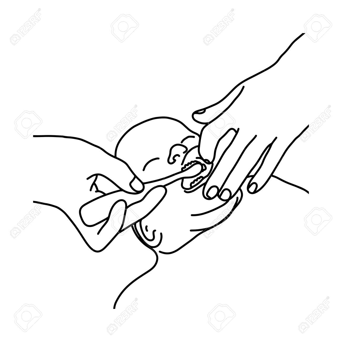 Une Mere En Train De Se Brosser Les Dents De Bebe Vector Illustration Croquis Dessines A La Main Avec Des Lignes Noires Isole Sur Fond Blanc Clip Art Libres De Droits