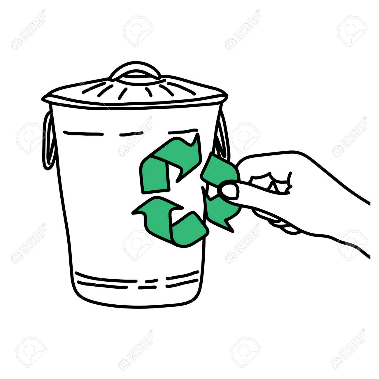 hand holding recycle sign on trash bin vector illustration sketch