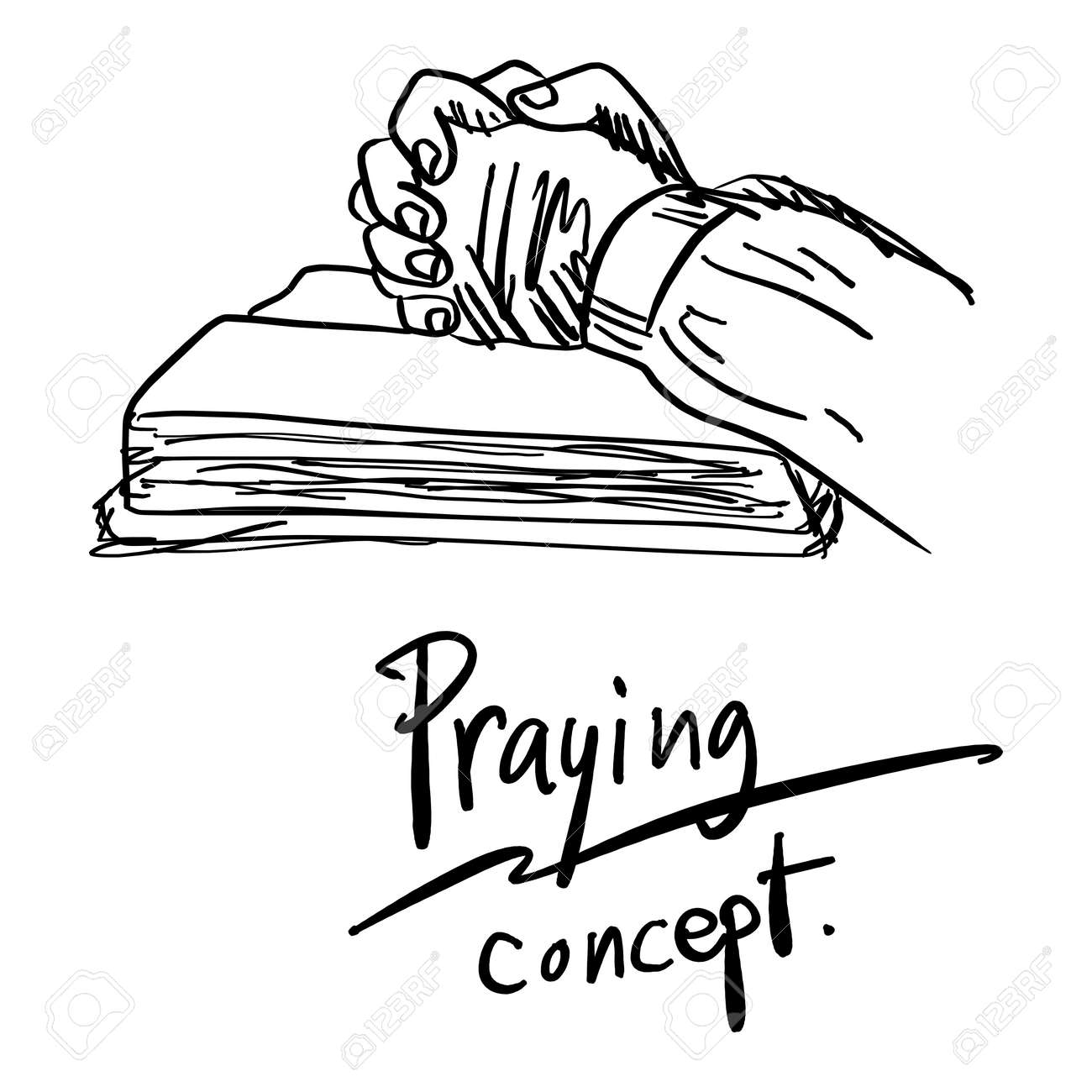 close up hand praying on bible vector illustration sketch hand