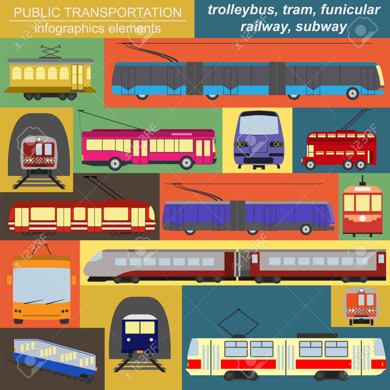 公共交通機関のアイコンのインフォ グラフィック トラム トロリーバス 地下鉄 ベクトル イラスト のイラスト素材 ベクタ Image