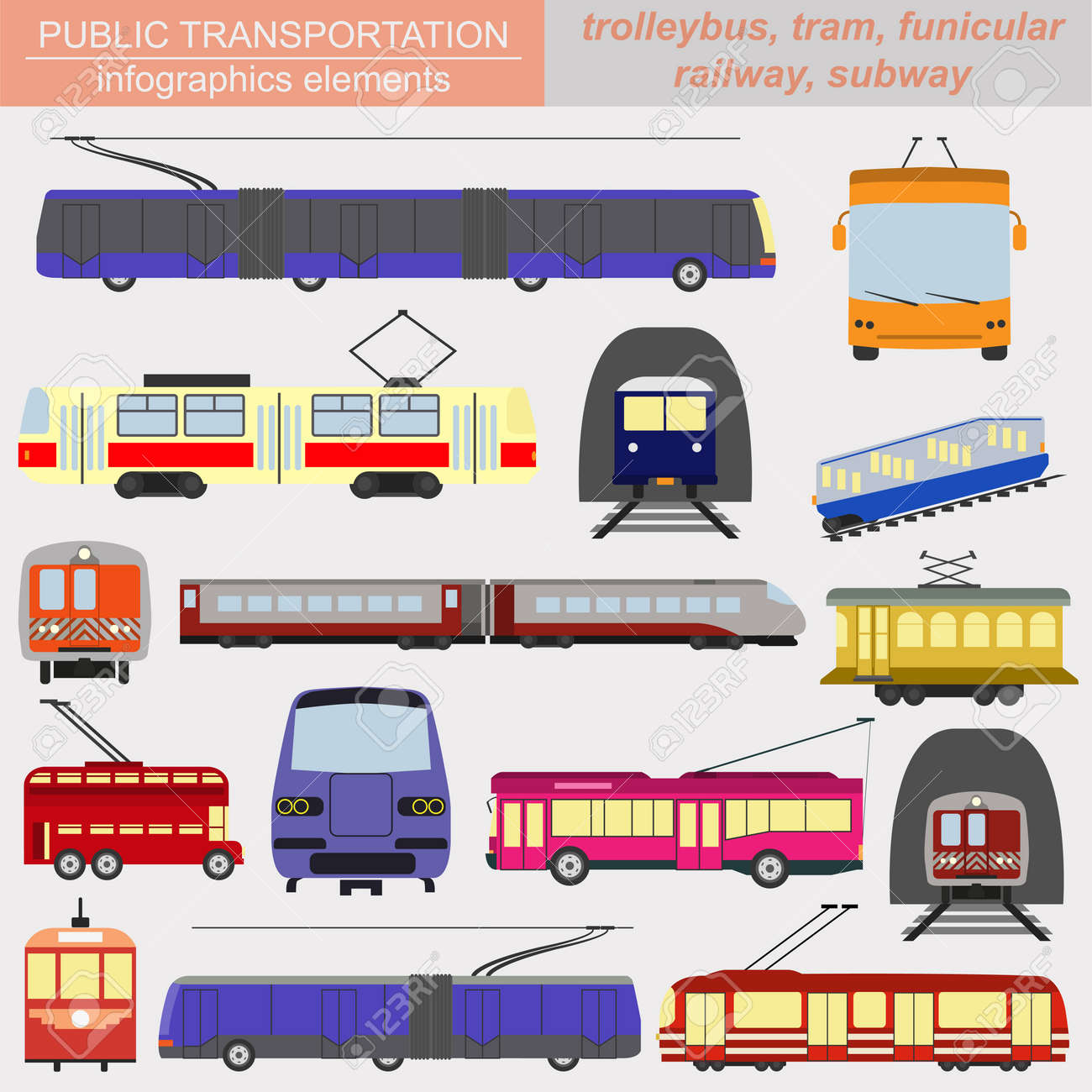 公共交通機関のアイコンのインフォ グラフィック トラム トロリーバス 地下鉄 ベクトル イラスト のイラスト素材 ベクタ Image