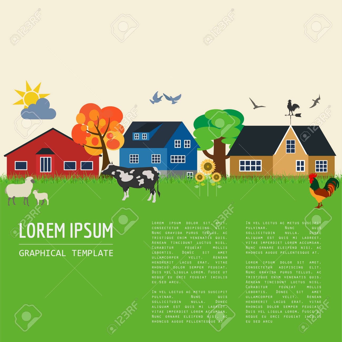 田舎のグラフィック テンプレート 村の建物 田園風景や農場の動物 ベクトル イラスト 市のコンス トラクターです テキスト テンプレート カラー バージョンのイラスト素材 ベクタ Image