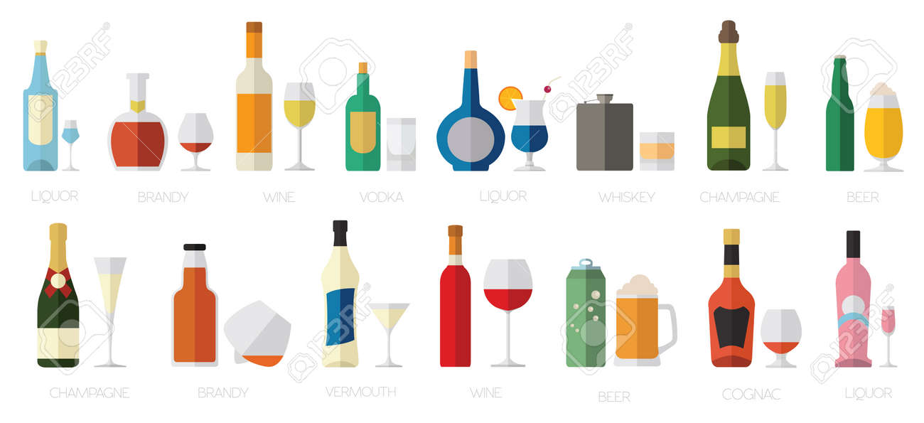 Alkohol Glaser Und Flaschen Flach Icon Set Verschiedene Alkoholische Getranke Vektor Illustration Lizenzfrei Nutzbare Vektorgrafiken Clip Arts Illustrationen Image 58129267