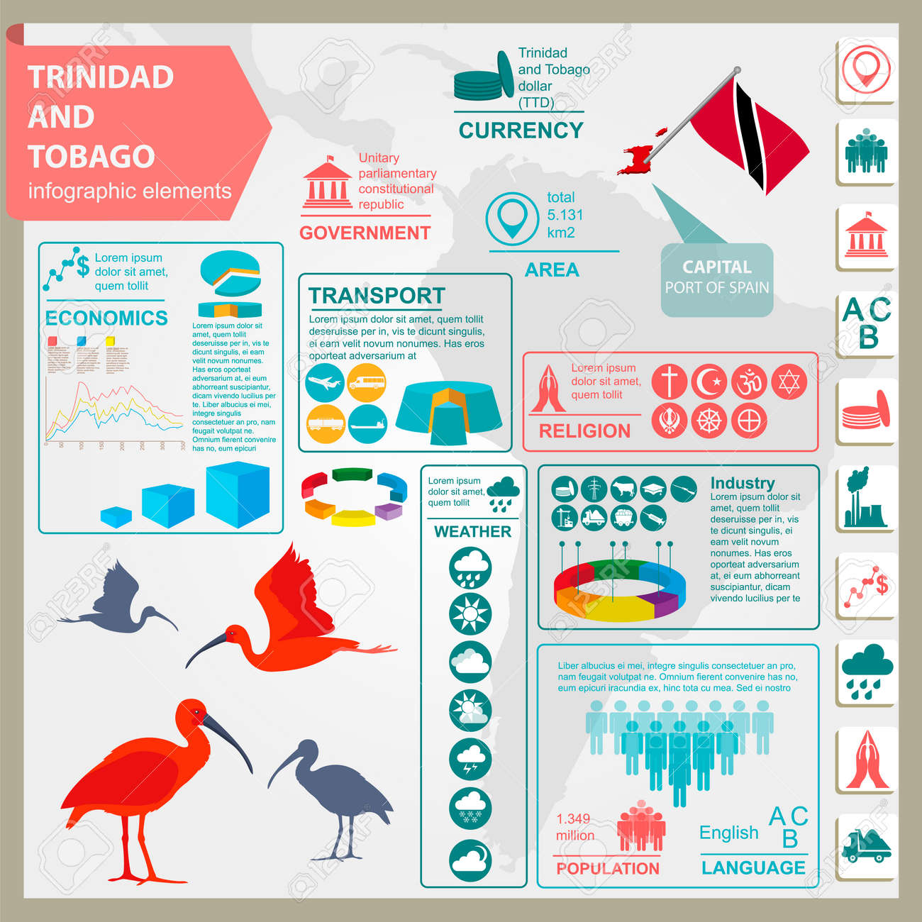 トリニダード トバゴのインフォ グラフィック 統計データ 観光スポット 赤 ショウジョウトキ 国の象徴 ベクトル図のイラスト素材 ベクタ Image