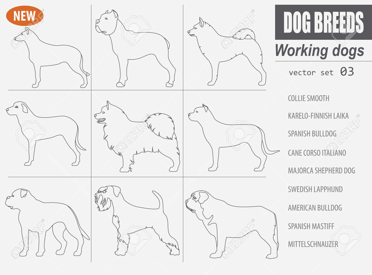 working watching dog breeds set icon isolated on white outline outline of a dog