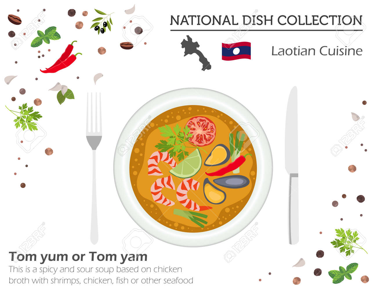 Laotian Cuisine. Asian national dish collection. Tom yum isolated on white, infograpic. Vector illustration - 126893671 Laotian Cuisine. Asian national dish collection. Tom yum isolated on white, infograpic. Vector illustration - 126893671
