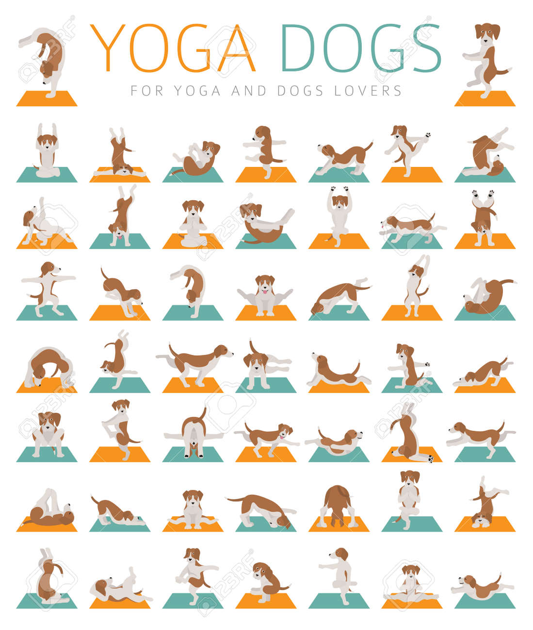 Yoga dogs poses and exercises doing clipart. Funny cartoon poster.. Yoga dogs poses and exercises doing clipart. Funny cartoon poster..