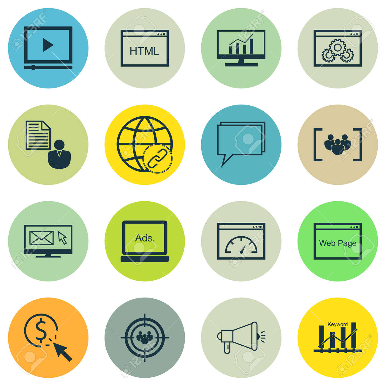 Seo マーケティングや広告 ディスプレイ広告 ビデオ広告 オンライン相談などのアイコンのセットです のイラスト素材 ベクタ Image