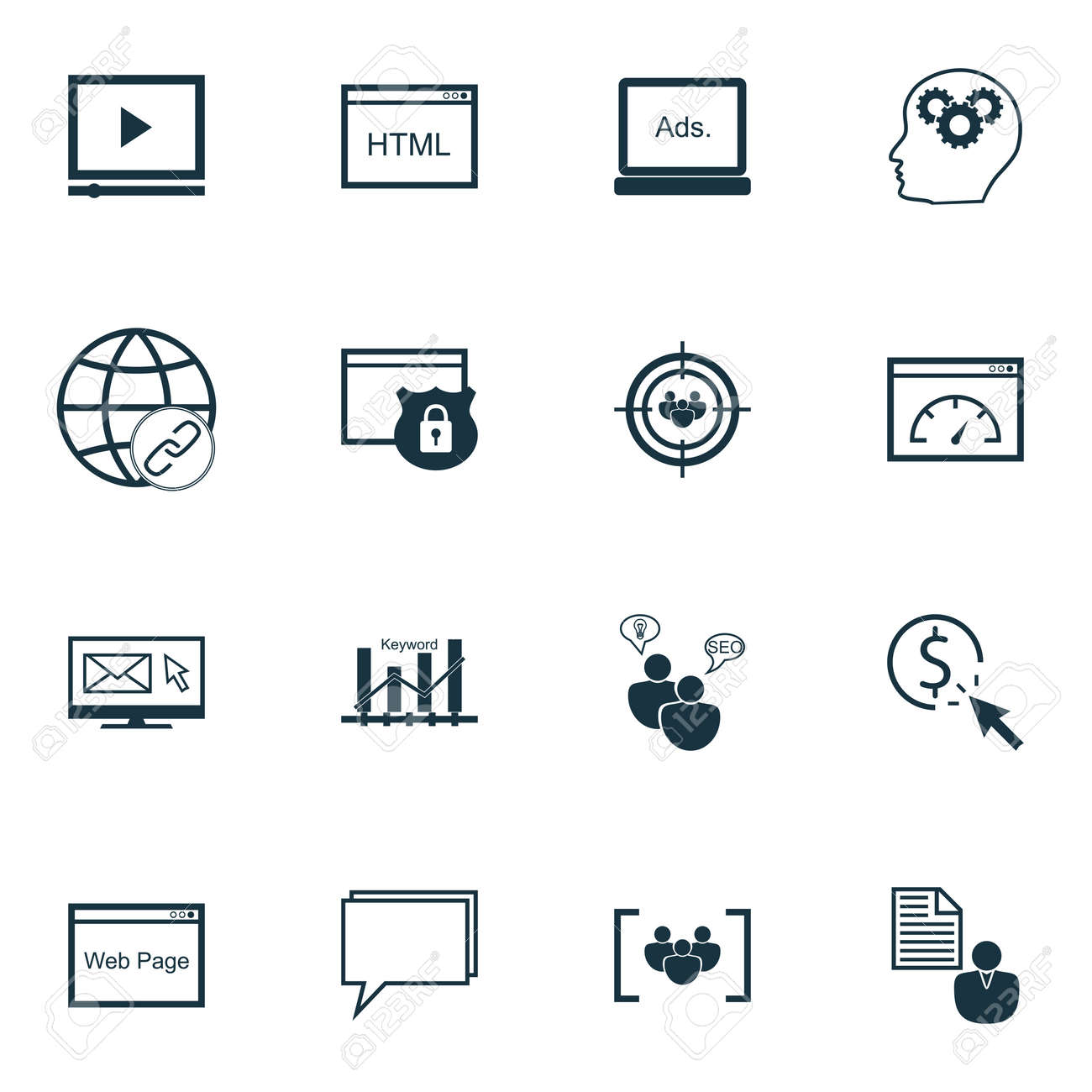 Seo マーケティング Seo コンサルティング Html コード ディスプレイ広告の広告アイコンのセットです のイラスト素材 ベクタ Image