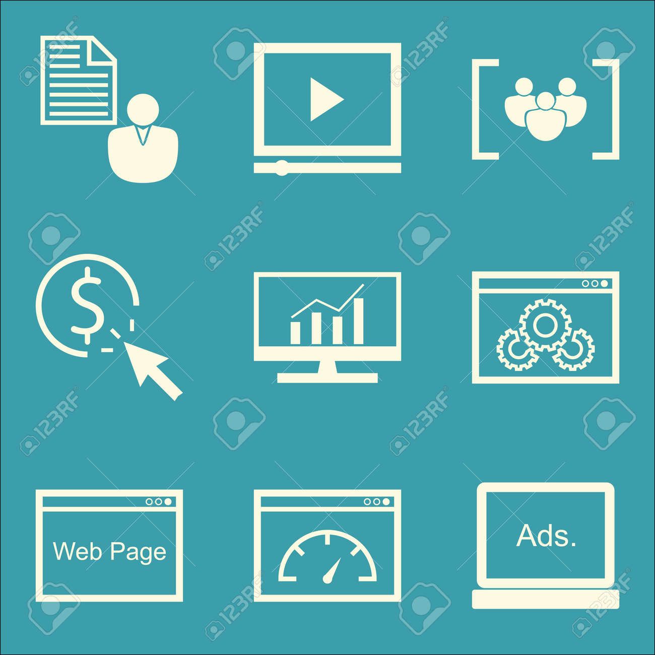 Seo マーケティングおよび広告の包括的な分析 ディスプレイ広告 ビデオ広告のアイコンのセットです プレミアム品質 Eps10 ベクトル イラスト携帯アプリは Ui 設計のため のイラスト素材 ベクタ Image