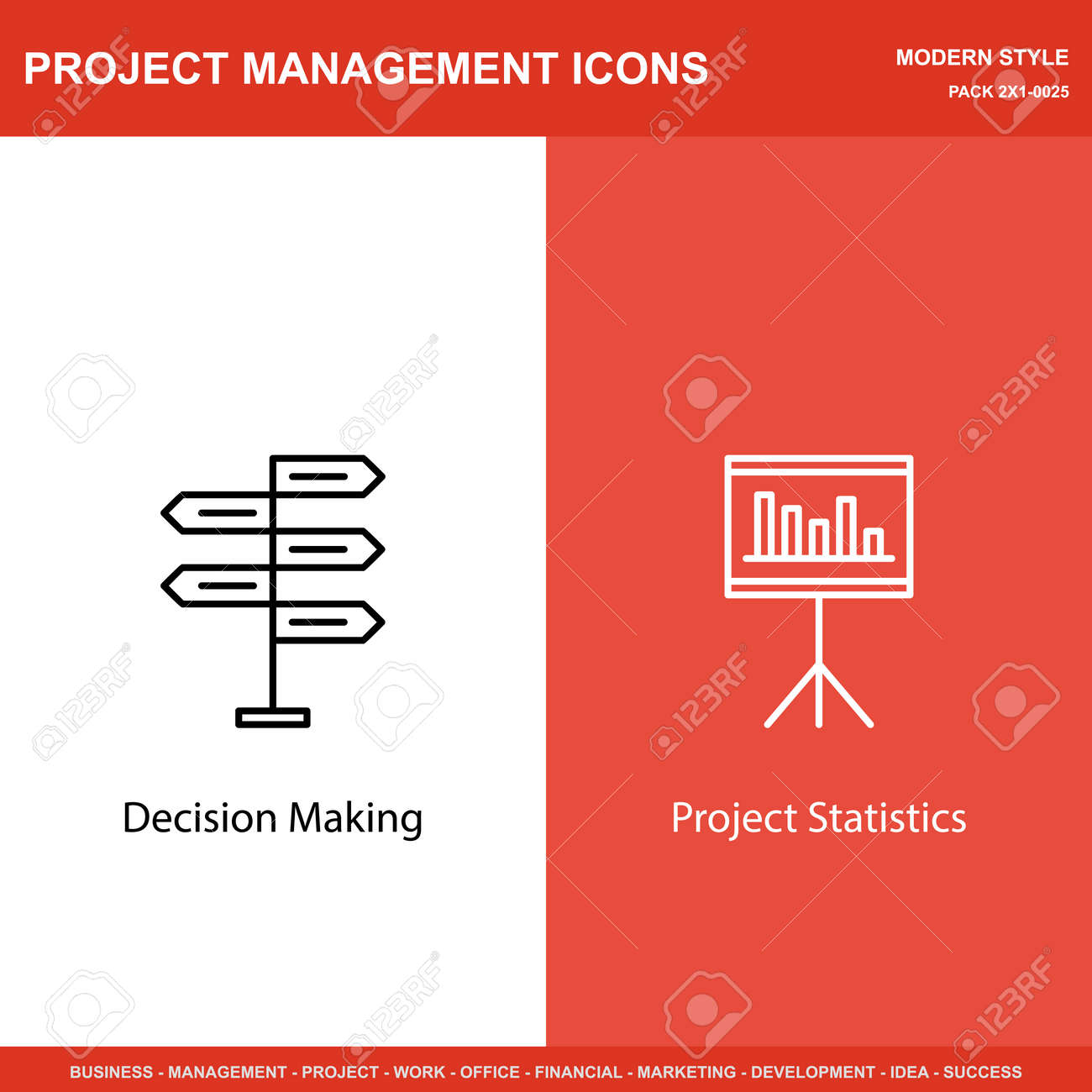 set of project management icons on decision making and statistics statistics project