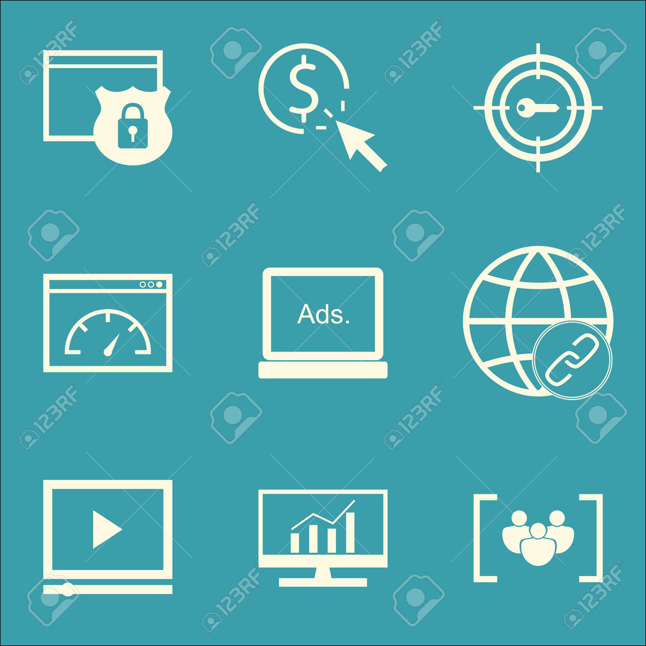 Seo マーケティングおよび広告のローディングの速度 セキュリティ 接続上のアイコンのセットです アンケート ビデオ プレーヤー デジタル メディア その他のベクトルのアイコンが含まれています のイラスト素材 ベクタ Image