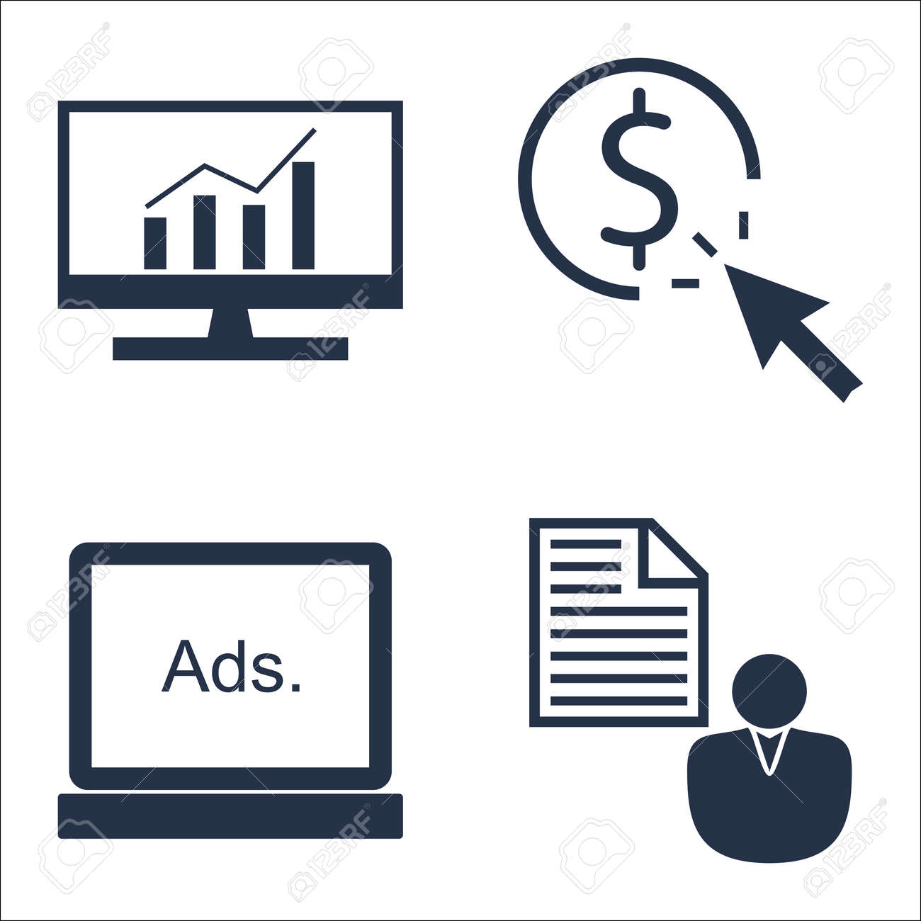 Seo マーケティングや広告ペイパー クリック ディスプレイ広告 包括的な分析上のアイコンのセットです のイラスト素材 ベクタ Image