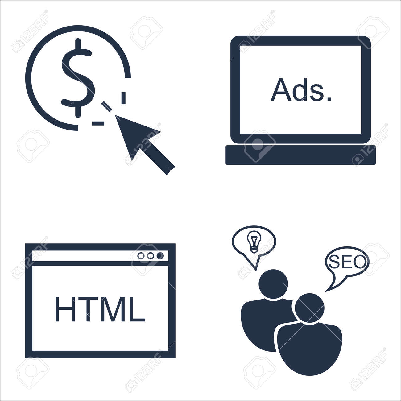Seo の設定 ディスプレイ広告へのマーケティングや広告のアイコンをクリックして Html コードごとの支払します のイラスト素材 ベクタ Image