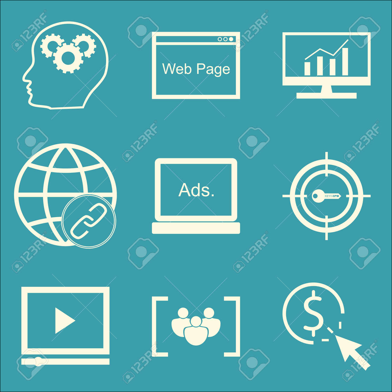Seo マーケティングや広告 ディスプレイ広告 リンクの構築 動画広告のアイコンのセットです プレミアム品質 Eps10 ベクトル イラスト携帯アプリは Ui 設計のため のイラスト素材 ベクタ Image