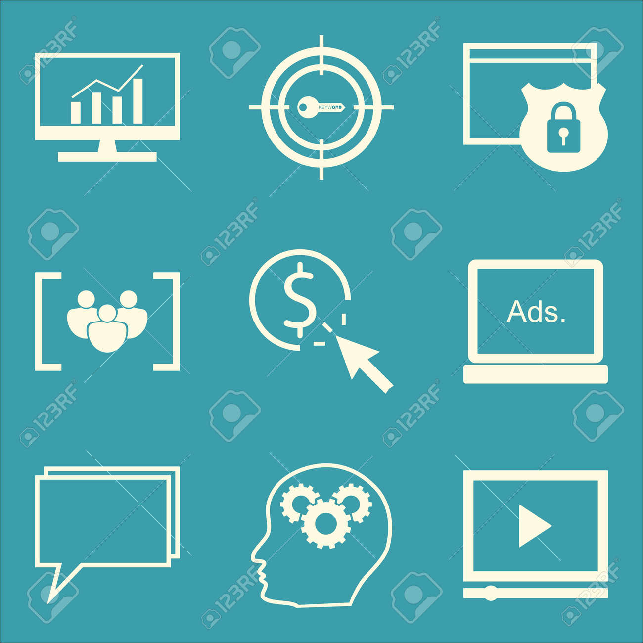Seo マーケティングや広告 ディスプレイ広告 包括的な分析 ビデオ広告のアイコンのセットです プレミアム品質 Eps10 ベクトル イラスト携帯アプリは Ui 設計のため のイラスト素材 ベクタ Image