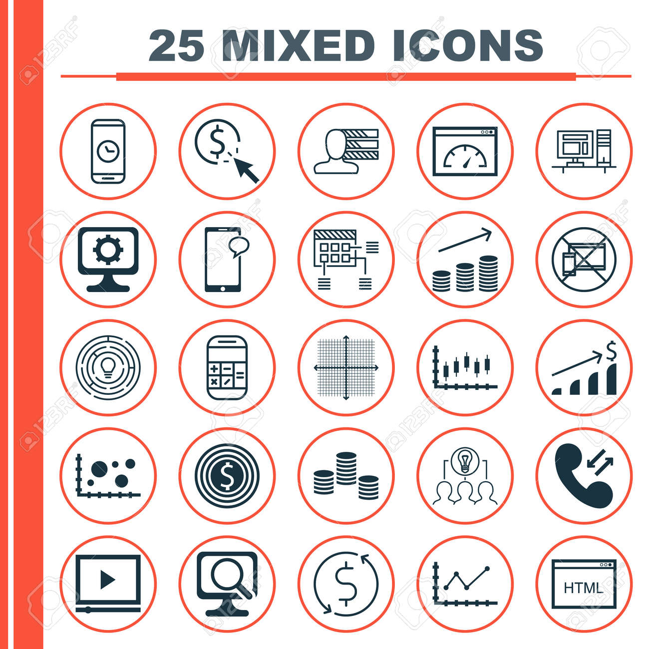 連携ソリューション、携帯電話のデータ、コインの成長より多くのトピックで 25 の普遍的なアイコンのセットです。PPC、ノート パソコン、コイン成長 アイコンを含むベクトル アイコンを設定。のイラスト素材・ベクター Image 64173802